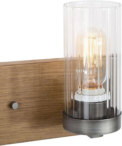 LOG BARN Rustic Bathroom Light Fixtures, 2 Light Farmhouse Vanity Lights for Bathroom with Clear Textured Glass Lampshade, 14 Inch Faux Wood Bathroom Lighting Lights Over Mirror