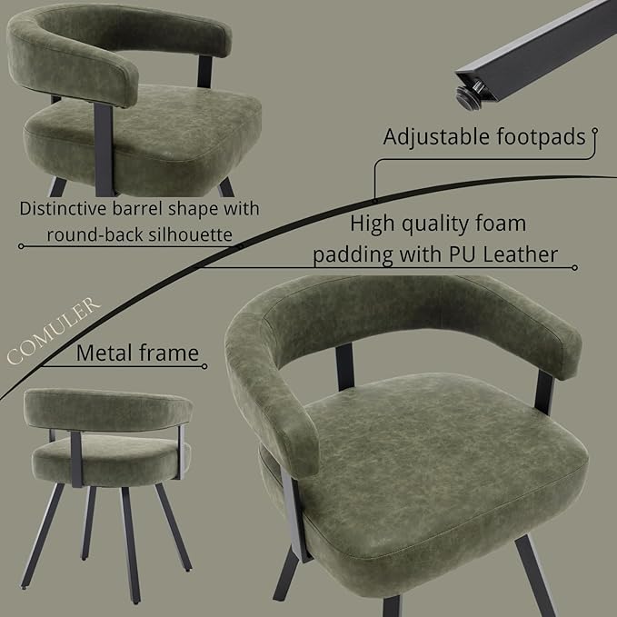 Modern Barrel Dining Chairs Set of 2, Green PU Leather Upholstered Dining Room Chairs with Arms, Comfy Kitchen Chairs with Black Metal Legs for Dinner Living Room