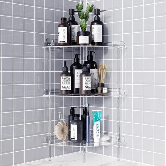 Bakzon Corner Shower Caddy, 3 Tier Acrylic Shower Organizer Corner for Inside Shower, Rustproof Floor Standing Shower Shelves for Bathroom, Clear