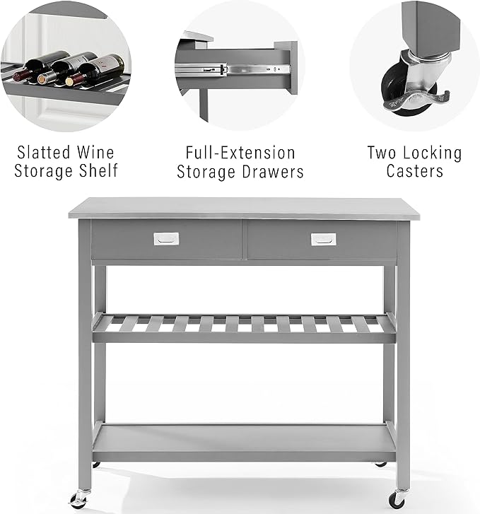 Crosley Furniture Chloe Stainless Steel Top Rolling Kitchen Island Storage Cart, Microwave Stand, Wine Rack, Gray