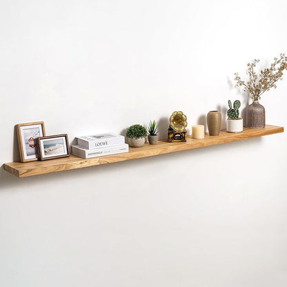 Fun Memories Solid Elm Wood Floating Shelves Set of 1-72 Inch Rustic Wall Shelves with Heavy-Duty Invisible Brackets - for Living Room, Kitchen, Bedroom, Bathroom - Natural Finish