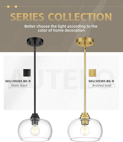 AUTELO Gold Pendant Lights, 1-Light Pendant Lights Kitchen Island in Brushed Gold Finish with Clear Glass, Vintage Pendant Light Fixtures, Gold Hanging Lights for Kitchen Island H9385 BG-R