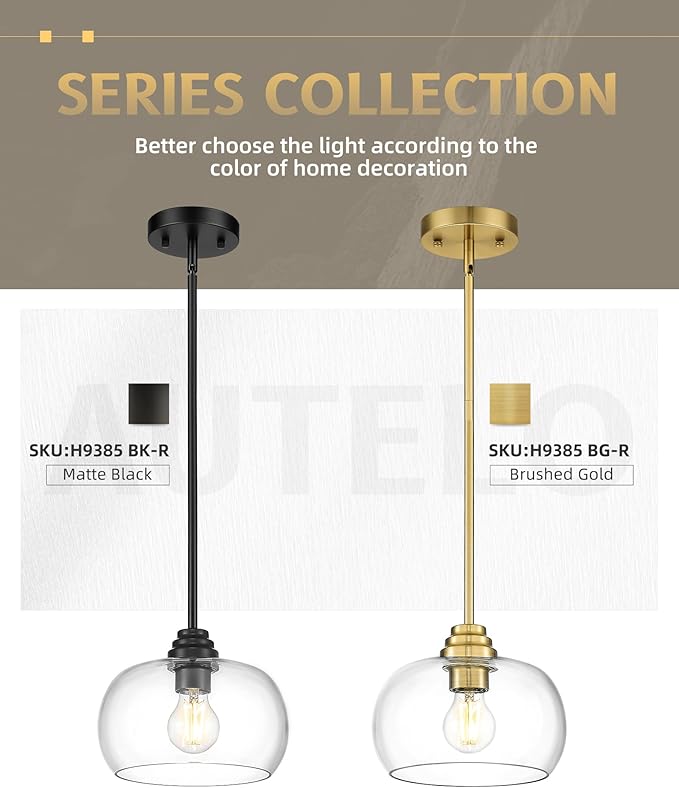 AUTELO Black Pendant Lights Kitchen Island, 1-Light Pendant Lights in Black Finish with Clear Glass, Modern Pendant Light Fixtures, Hanging Lamp for Kitchen Island H9385 BK-R