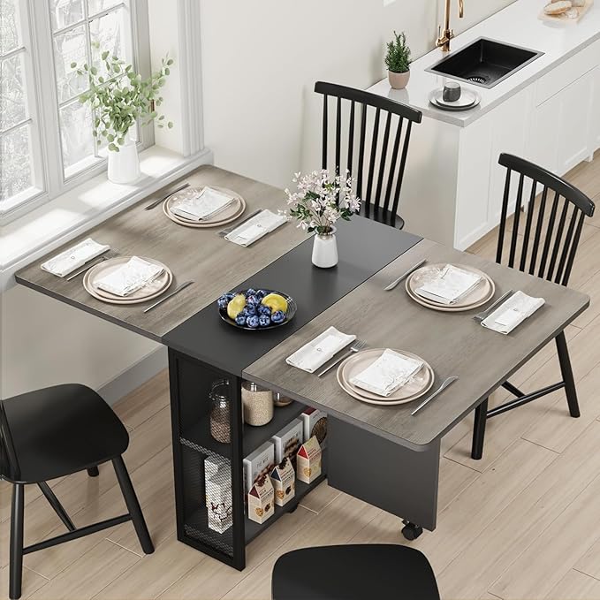 IDEALHOUSE FoldingTable, Drop Leaf Dining Table with 6 Wheels and 2-Layer Storage Shelf, Space Saving Table for Small Spaces (Slate Oak, 50.1" D x 31.4" W x 29.5" H)