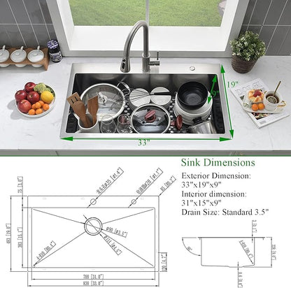 33 Inch Drop In Kitchen Sink with Faucet Combo-Brovy 33x19 Top Mount Stainless Steel Kitchen Sink Drop In 18 Gauge Single Bowl Deep Kitchen Sinks with Mat& Drainer