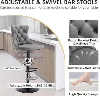 Clear Glass High Bar Table & 2 Adjustable Velvet Barstools Island Chairs, Round Farmhouse Bistro Pub Table Set of 3, Swivel Counter Height Chairs (Black Metal Legs, Clear Top + Grey Chair)