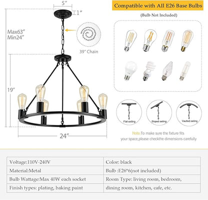 Black Chandelier, 6-Light Dining Room Light Fixture, Round Farmhouse Wagon Wheel Chandeliers for Dining Room Living Room Entryway Kitchen Island Dia 24"