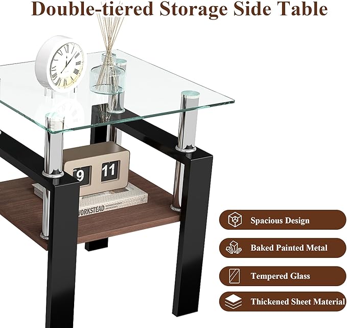 Set of 2 Glass End Table, 2-Layer Glass Living Room Table, Modern Tea Table Side Tables for Home Office Furniture