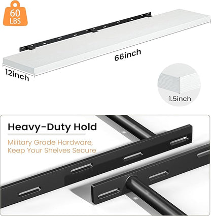 Fun Memories 66 Inch Floating Shelves, 12 Inch Deep Wall Shelf for Fireplace Mantel, White Deep Storage Shelves for Home & Office, Long Floating Shelf with Invisible Bracket, Set of 1