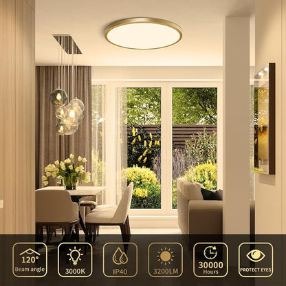 12 Inch Gold LED Ceiling Light, 3000K Warm White, 24W Gold Flush Mount Ceiling Light, 3200LM Round Low Profile Ceiling Lights for Bedroom, Living Room, Dining Room