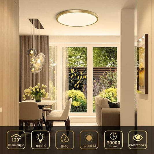 12 Inch Gold LED Ceiling Light, 3000K Warm White, 24W Gold Flush Mount Ceiling Light, 3200LM Round Low Profile Ceiling Lights for Bedroom, Living Room, Dining Room