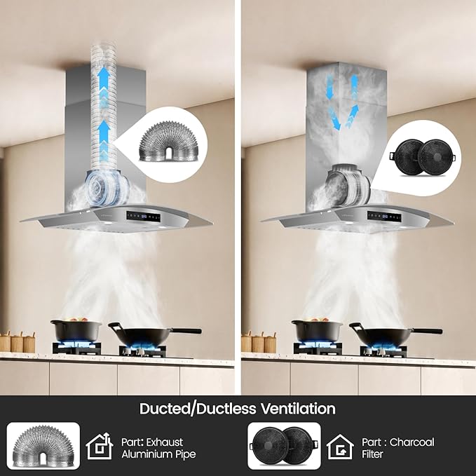 36 inch Wall Mount Range Hood, 1200 CFM Stainless Steel & Tempered Glass Vent Hood with 8-Speed Gesture Sensing and Touch Control, Dishwasher-Safe Baffle Filters, Delay Shutoff Timer