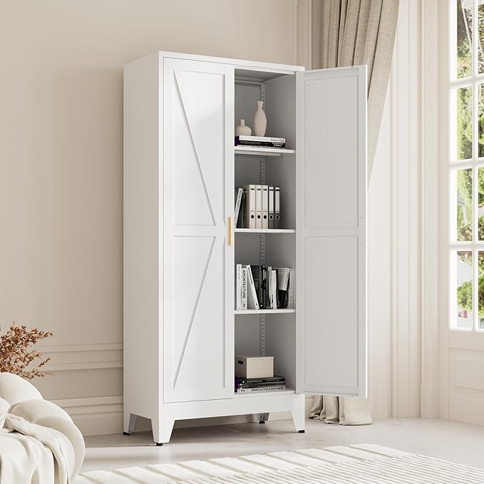 Bevivog 61" Metal Storage Cabinet with Doors and Shelves, Farmhouse Tall Bathroom Cabinets Freestanding, White Metal Pantry Cabinet for Kitchen, Living Room, Home Office