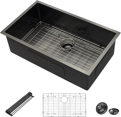 Mocoloo 33 Black Undermount Kitchen Sink 33x19 Gunmetal Black 16 Gauge Stainless Steel Deep Round Corner Under Counter Single Bowl Kitchen Sinks Handmade Basin