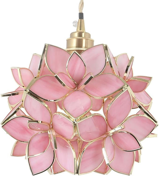 Bieye L10913 Petals Tiffany Style Stained Glass Ceiling Pendant Light with 8-inch Wide Lampshade (Pink, 8" Rose Lily)