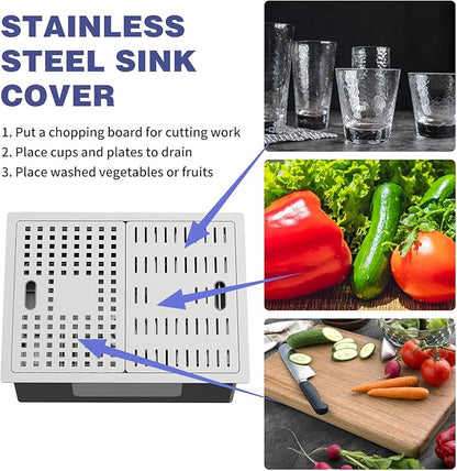 24x18 Inch Kitchen Sink With Dual Cover-Stainless Steel Undermount Single Bowl Kitchen Sink Built-in Ledge Drop In Workstation Sink Fully Covering Sink To Create Temporary Workspace/Drainage Area