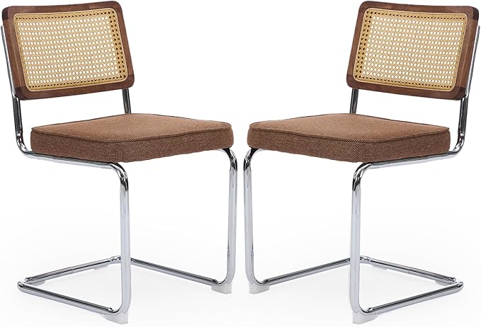 Rattan Back Linen Dining Chair Set of 2 Modern Breuer Designed Stainless Chrome Base Armless Upholstered Dining Chair for Dining Room, Kitchen Island(Coffee)
