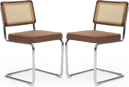 Rattan Back Linen Dining Chair Set of 2 Modern Breuer Designed Stainless Chrome Base Armless Upholstered Dining Chair for Dining Room, Kitchen Island(Coffee)