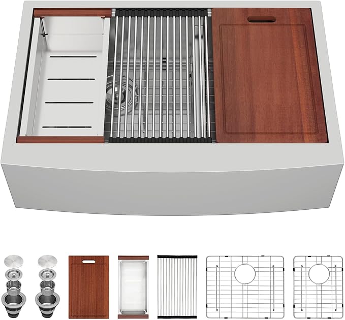 Sarlai 33 Farmhouse Sink Double Bowl - 33x22 Inch Farmhouse Kitchen Sink Apron Front Ledge Workstation Low Divide Double Bowl 60/40 16 Gauge Stainless Steel Farm Farmer Sinks Basin