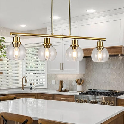 4-Light Linear Chandelier, Gold Chandelier Light Fixture, Kitchen Island Pendant Lighting with Clear Round Glass Shades