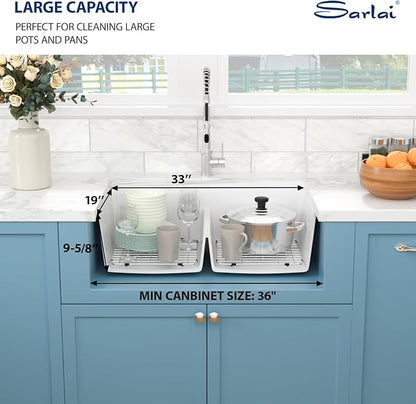 Sarlai 33 Granite Kitchen Sink Double Bowl - 33"x19" White Granite Composite Kitchen Sink Ledge Workstation White Undermount Double Bowl 50/50 Low Divide Quartz Classic Composite Under Counter Basin