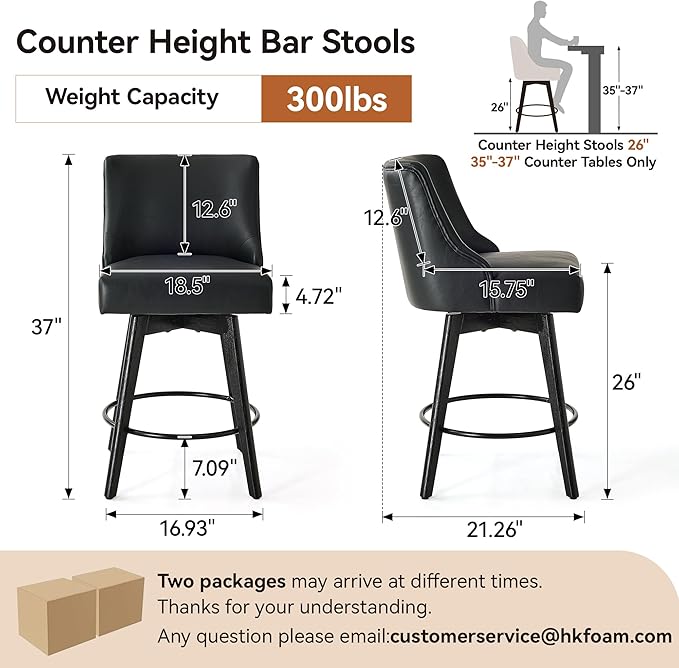 Counter Height Bar Stools Set of 4, Swivel Barstools with Backs and Wood Legs, Faux Leather Upholstered Counter Stools for Kitchend Island, Mid-Century Modern 26" Seat Height Bar Chairs, Black