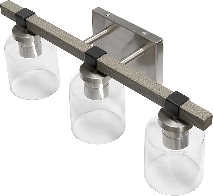 Elegant Designs VT1020-GRY 22" Country Farmhouse Gray and Brushed Nickel Decorative 3 Light Wall Mounted Metal Vanity Fixture with Clear Glass Shades for Bathroom, Entryway, Hallway