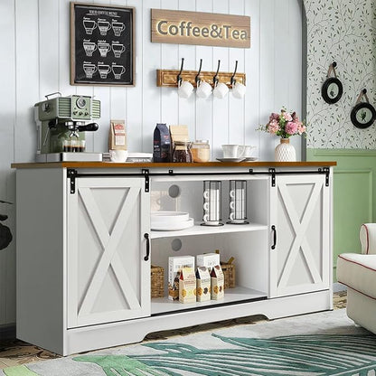 4 EVER WINNER Farmhouse Coffee Bar Cabinet, 59" Buffet Cabinet with Storage & Sliding Barn Doors, Kitchen Storage Cabinet, Coffee Station, Living Dining Room, White