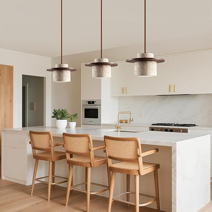 Japanese Wabi sabi Pendant Light with Natural Stone Shade, Dimmable Modern Wood Hanging Lamp Fixture, Adjustable Height Pendant Lamp for Bedroom, Kitchen Island, Dining Room, Restaurant, Cafe, Bar (C)