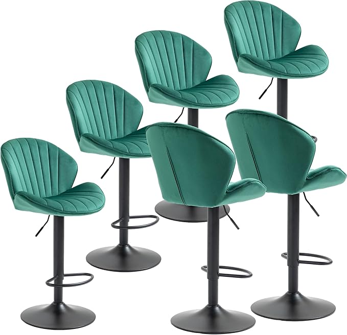 Rhomtree 24-32 Inch Swivel Bar Stools, Adjustable Counter Height Barstools, Velvet Tufted Upholstered and Footrest Barstools, Upholstered Bar Chairs for Home Bar Kitchen Island(Green Set of 6)