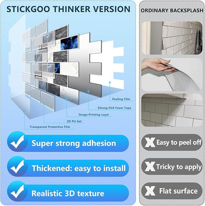 STICKGOO Peel and Stick Backsplash Subway Tiles, 10 Sheets of 12" x 12" - 3D Adhesive Peel and Stick Tile Backsplash for Kitchen, Bathroom, Wall Tile (Thicker Design, Blue Grey)
