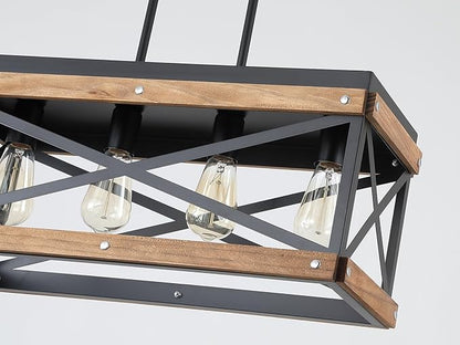 Rustic Farmhouse Plug in Kitchen Island Lighting, 4 Lights Rectangular Pendant Light Fixture with Adjustable Chain, Dimmable Switch, Oak Wood and Metal Linear Chandelier for Dining Room Home, Black