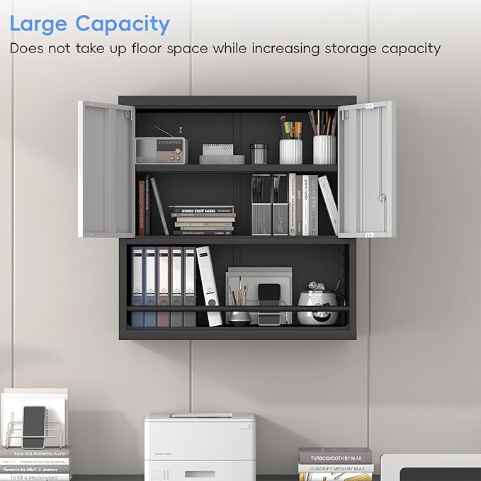 Locking Cabinet, Black Wall Storage Cabinet with Shelves, Hanging Cabinets with Open Storage, Small Wall Cabinet, Lockable Tool Cabinet for Basement, School, Office