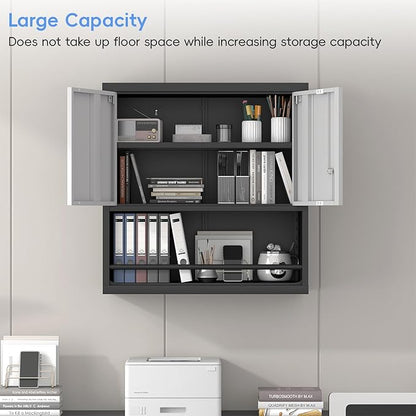 Locking Cabinet, Black Wall Storage Cabinet with Shelves, Hanging Cabinets with Open Storage, Small Wall Cabinet, Lockable Tool Cabinet for Basement, School, Office