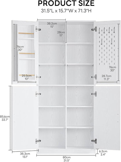 IRONCK 71" Kitchen Pantry Storage Cabinet with Storage Rack, Pegboard Doors, 4 Adjustable Shelves, Food Pantry Cabinet, Freestanding Tall Cupboard for Dining Room, Kitchen, White