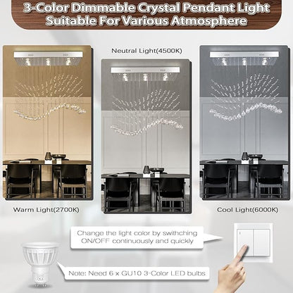 Finktonglan Linear Crystal Chandelier for Kitchen Island, 31.5'' Rectangular K9 Crystal Island Chandelier, 6-Light GU10 Height Adjustable Modern Dining Room Ceiling Light