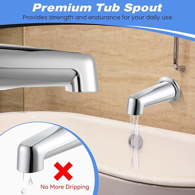 Dreyoo 7 Inch Tub Spout (Universal Fits 1/2" Copper Pipe, 1/2" IPS and 3/4" IPS), Bathroom Bathtub Faucet with Adapters and Hex Wrench(Chrome,Without Diverter)