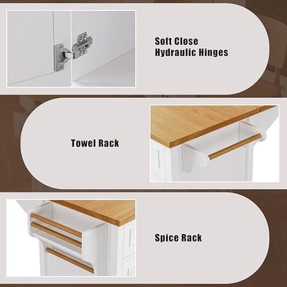 Kitchen Island with Drop Leaf, Embossed Texture Kitchen Island on Wheels with Spice Rack,Towel Rack, 2 Doors and 5 Drawers, Kitchen Storage Cart with Adjustable Shelf for Kitchen (White@093)