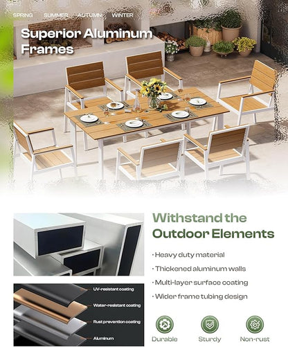 Outdoor Dining Set for 4, Patio Table and Chairs Set with Umbrella Hole, 5 Pieces HDPS + Aluminum Outdoor Furniture Sets for Patio, Garden (White & Teak)