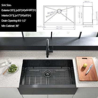 33x20 Black Undermount Farmhouse Sink, Gabhar 33 Inch 16Gauge Black Stainless Steel Undermount Farmhouse Sink Flat Apron Front Kitchen Sinks