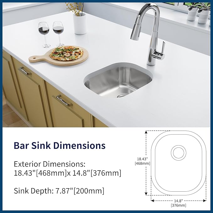 Bar Sink, 14" x 18" Undermount Kitchen Sink, T-304S Stainless Steel RV Kitchen Sinks, Small Kitchen Sinks With Sink Drain Strainer, Use at RV, Bar,Outdoor, Laundry and Utility,Bathroom