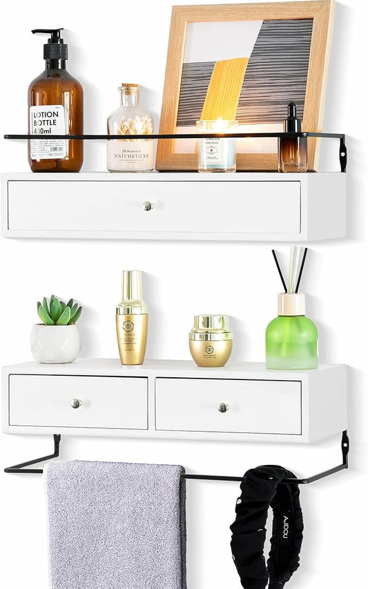 DreamPossible Floating Shelves for Wall Storage - Wall Mounted Bathroom Shelf Set of 2 with Drawers, Rustic Wood Shelves for Bedroom, Living Room, Kitchen, Home Decor, Plants, Books
