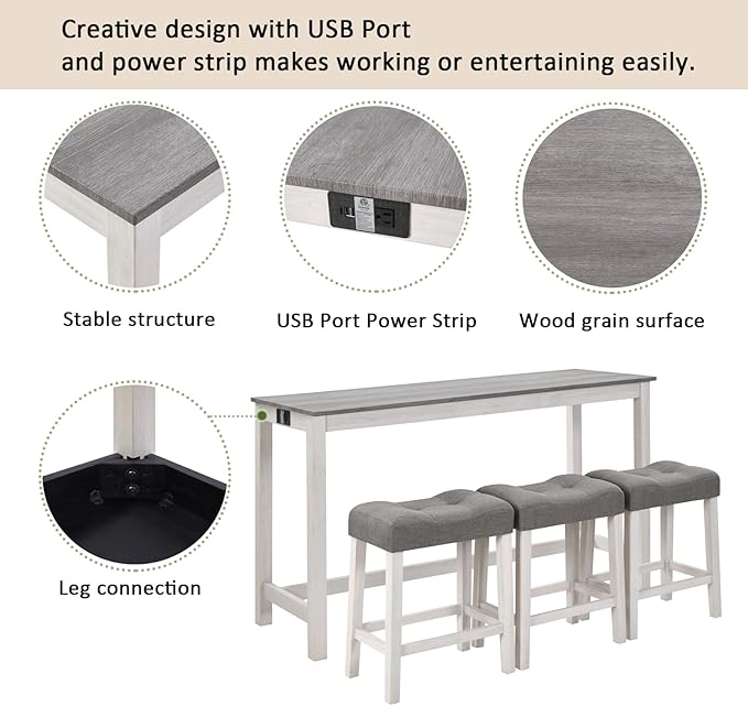 Merax 59 inch Bar Table Set with Power Outlet USB/Type-C, Behind Couch Table with 3 Padded Stools for Kitchen, Living Room, White & Grey