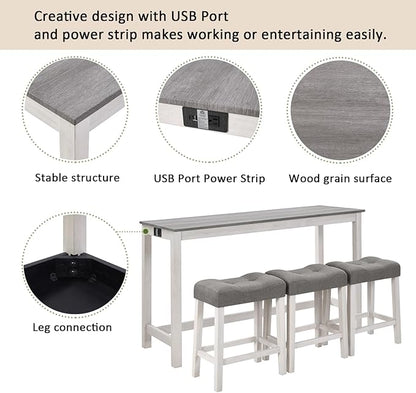Knocbel Classic 3-Person Counter Height Bar Table Set with Power Outlet, 4-Piece Dinette Set with Padded Seat Stools, Apartment Condo Small Space Pub Bistro Dining Furniture Set (White Grey)