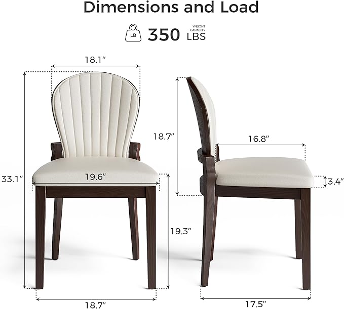 LIKIMIO Dining Chairs Set of 2, Solid Wood Frame with 19.6" Wide Leather Upholstered Seat, Modern Kitchen Chair, 350lbs Capacity, Ideal for Big & Tall Adults & Family for Dining Room, Beige