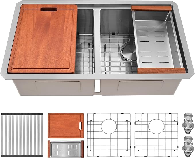 31 Inch Sink Undermount Double Bowl, 16 Gauge 50/50 Double Bowl Stainless Steel Workstation Sink, 31"x18"x9" Large and Deep Kitchen Sink With Accessories