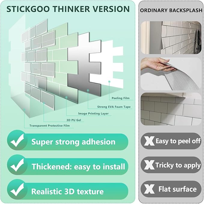 STICKGOO Peel and Stick Backsplash Subway Tiles, 10 Sheets of 12" x 12" - 3D Adhesive Peel and Stick Tile Backsplash for Kitchen, Bathroom, Wall Tile (Thicker Design, Light Green)