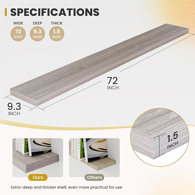 Acovy 72 Inch Floating Shelves, 9.3" Deep Floating Shelf Wall Mounted, 72" Wall Shelves, Rustic Deep Bookshelf, Large Display Shelves & Storage Shelves for Bedroom, Living Room, Grey, Set of 1