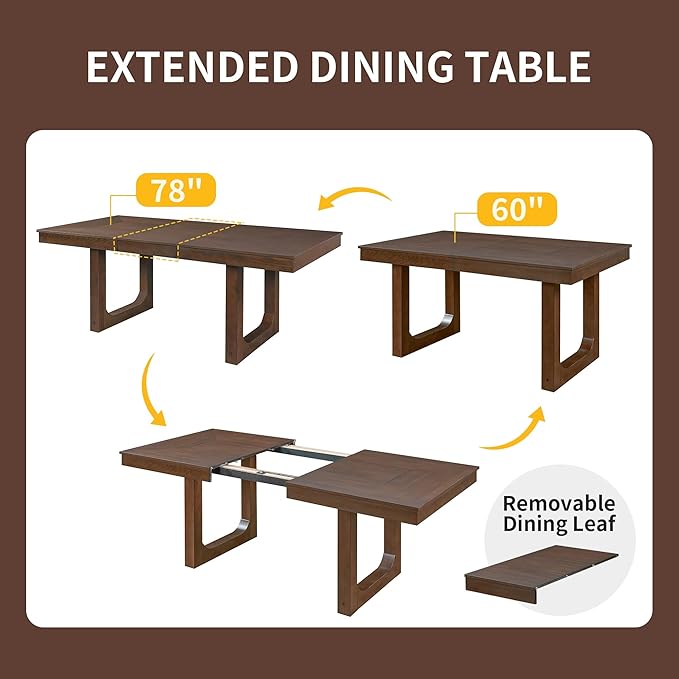 60"-78" Extendable Dining Table – Farmhouse Wooden Kitchen Table with Removable Leaf, Large Expanding Table for 4–8, Rustic Walnut Finish
