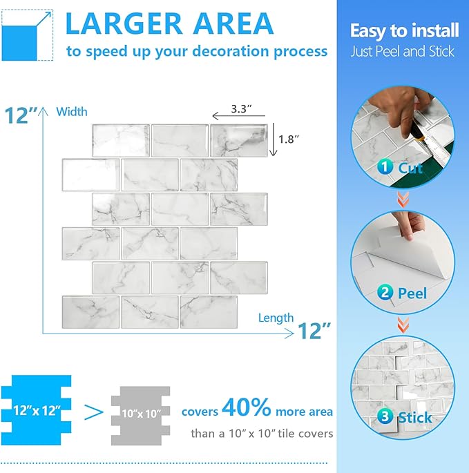 STICKGOO 10-Sheet Subway Tiles Peel and Stick Backsplash, Marble Look Stick on Tiles Kitchen Backsplash (Thicker Design)